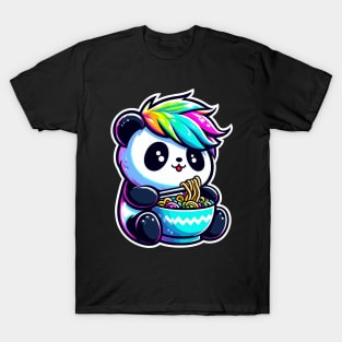 Panda with Rainbow Hair Eating Ramen T-Shirt